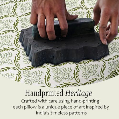 CPC Block Print Fern Regal Ruffle Cotton Lumbar Pillow Cover 14x36 inch