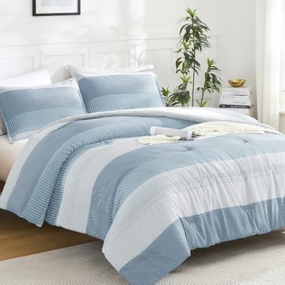 Litanika Grey Blue California King Comforter Set - 3 Pieces Stripe Bed Set