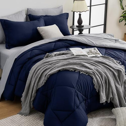 HEVUMYI 7-Piece Full Comforter Set, Navy Blue & Grey Bed in a Bag