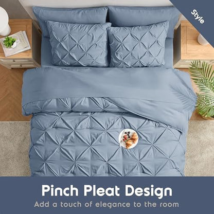 Nestl 9 Piece King Comforter Set – Stone Blue Pinch Pleated Bed in a Bag – Complete King Size Bedding Set with Sheets, Set of 2 Cooling Pillows, Pillowcases and Shams