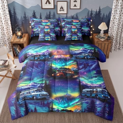 Erosebridal 7Pc RV Camping Full Bedding Set for Camper Decor,Aurora Rustic Mountain Comforter Set with Sheets for Kids Adults,Travel Trailer Bunk Quilt Bed Set with Fitted+Flat Sheet,Pillowcases