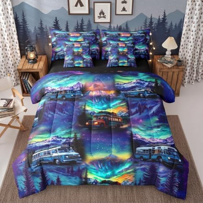 Erosebridal 7Pc RV Camping Full Bedding Set for Camper Decor,Aurora Rustic Mountain Comforter Set with Sheets for Kids Adults,Travel Trailer Bunk Quilt Bed Set with Fitted+Flat Sheet,Pillowcases