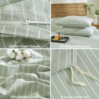 Striped Duvet Cover Set 100% Washed Cotton Linen Feel Queen