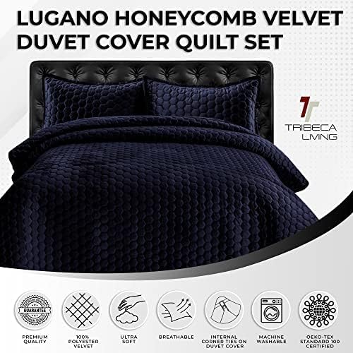 Tribeca Living Lugano Oversized Velvet Quilt Set - All Season, Extra Large, 3 Piece King Size Comforter Set with 2 Pillow Shams in Indigo Honeycomb Pattern 260GSM