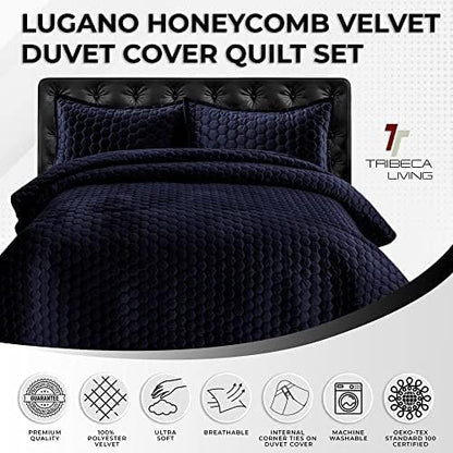 Tribeca Living Lugano Oversized Velvet Quilt Set - All Season, Extra Large, 3 Piece King Size Comforter Set with 2 Pillow Shams in Indigo Honeycomb Pattern 260GSM