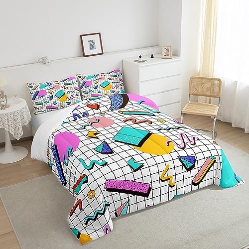 Manfei Memphis Comforter Set Twin Size, Retro 80s or 90s Geometric Fashion Style Quilt Set with 1 Pillowcase, Vintage Hip Hop Bedding Set 2pcs for Kids Boy Girls Lightweight Duvet Insert