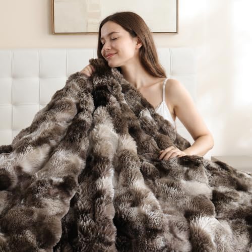 YIKUSH Queen Faux Fur Soft Comforter Set, Fluffy Bedding Set, Tiedye Coffee