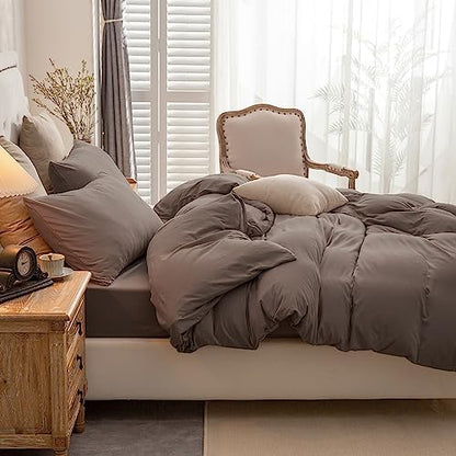 PURE ERA Jersey Knit Duvet Cover Set 100% T-Shirt Cotton Super Soft Comfy 3pc Bedding Set with Zipper Closure (Solid Brown, Queen)