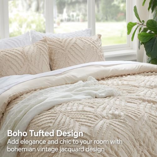 BEDELITE Boho Comforter Set Twin - Tufted Boho Bedding Set, Cream Beige