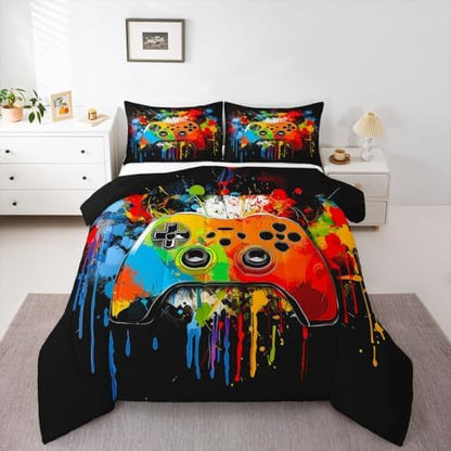 Erosebridal Gamer Comforter Set Graffiti Tie Dye Game Consoles Girl Toddler Bedding Set for Preteen Boys Girls Gaming Comforter Watercolor Abstract Art Quilt