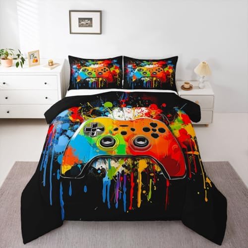 Erosebridal Gamer Comforter Set Graffiti Tie Dye Game Consoles Twin Bedding Sets for Girls Preteen Boys Gaming Comforter Watercolor Abstract Art Quilt