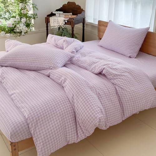 NSNLGSGC Purple Gingham Duvet Cover Set, Queen