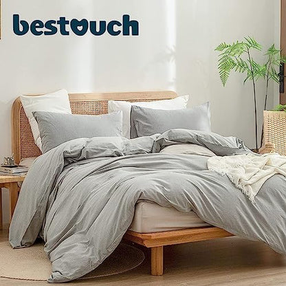 BESTOUCH Cotton Solid Duvet Cover Set Linen Feel Light Grey King