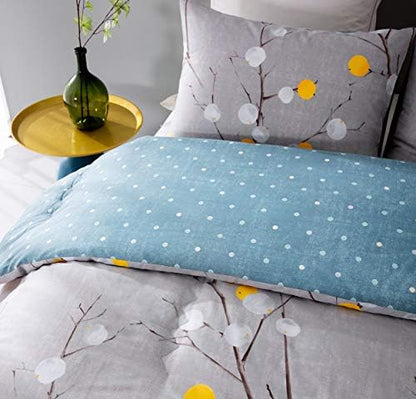 SLEEPBELLA Comforter King Size, 600 Thread Count Cotton Grey Branch with Yellow Turquoise Polka Dot Pattern Green Reversible Comforter Set,Down Alternative Bedding Set 3Pcs(King, Grey Branch)