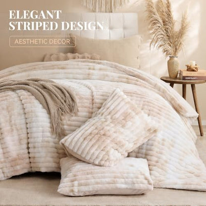 Smoofy Fluffy King Size Comforter 3 PCS - Tie Dye Beige Fleece Bedding Set