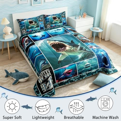 Homewish 3D Shark Full Size Comforter Set,Sea Animals Bedding Set for Adults Teens,Children Shark Geometric Comforter Luxury Grid Squares Quilt Set Room Decor 3Pcs