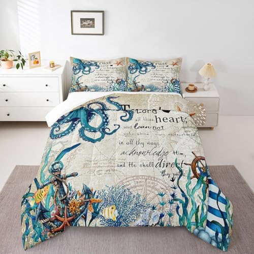 Homewish Sea Octopus Comforter Set Full Size,Nautical Anchor Lighthouse Bedding Set 3Pcs for Kids Girls Boys Adult Room Decor,Ocean Animals Quilt Set Vintage Bible Quotes Duvet Insert,2 Pillowcases