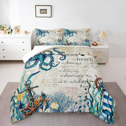 Homewish Sea Octopus Comforter Set Full Size,Nautical Anchor Lighthouse Bedding Set 3Pcs for Kids Girls Boys Adult Room Decor,Ocean Animals Quilt Set Vintage Bible Quotes Duvet Insert,2 Pillowcases