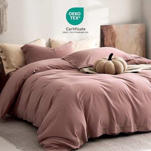 JELLYMONI 100% Washed Cotton Darker Rose Duvet Cover Twin, Linen-Like