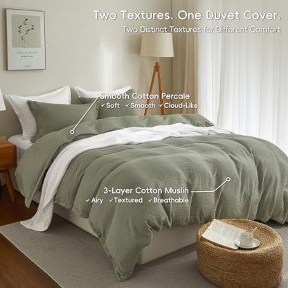 PHF 100% Cotton Muslin Duvet Cover King Size 3-Layer, 104"x90", Dusty Sage