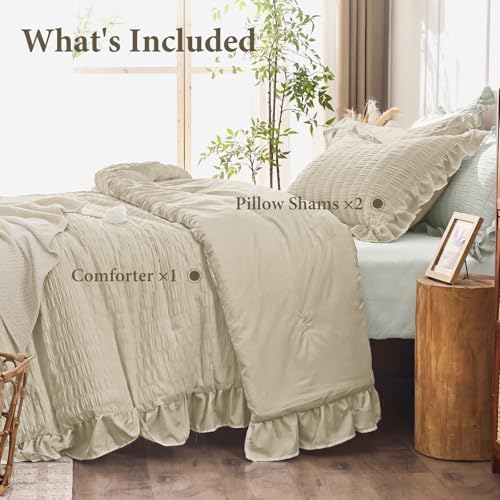 JOLLYVOGUE King Size Comforter Set, 3 Pieces Linen Seersucker Comforters King Size, Lightweight & Fluffy Bedding Sets King for All Season with 1 Ruffle Comforter and 2 Ruffle Pillowshams