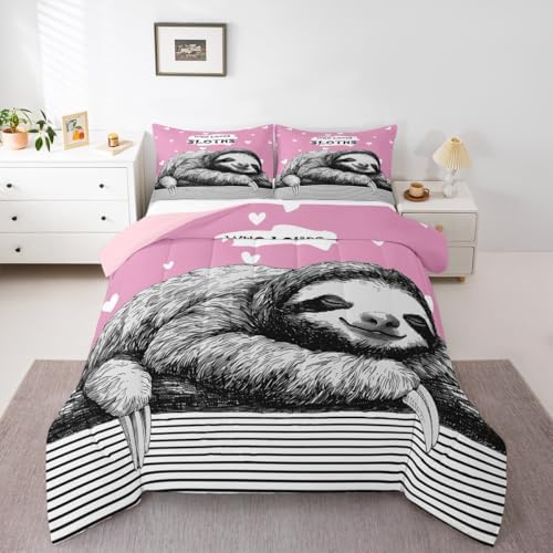 Homewish Cute Sloth Comforter Set,Wild Animals Bedding Set for Kids Girls Women,Adults Pink and Black Comforter,Sloth Pattern Quilted Duvet Set Bedroom Collection Twin Size 2Pcs