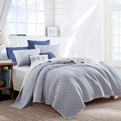 Wonderful - Blue Classic Ticking Stripe Quilt Set King Size, 3-Piece 100% Cotton Face & Fill Nautical Coastal Bedding, Rustic Farmhouse Bedspread Coverlet for All Season