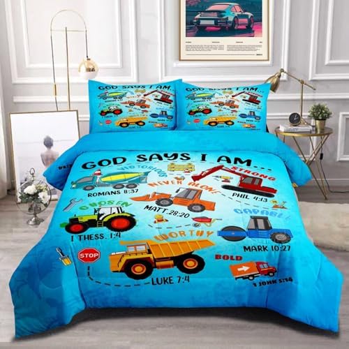 Boys Construction Vehicles Truck Comforter Set Full,Christian Kids God Says I Am Construction Bedding Set,Car Excavator Tractor Bedroom Set（1 Comforter 2 Pillowcase） Blue