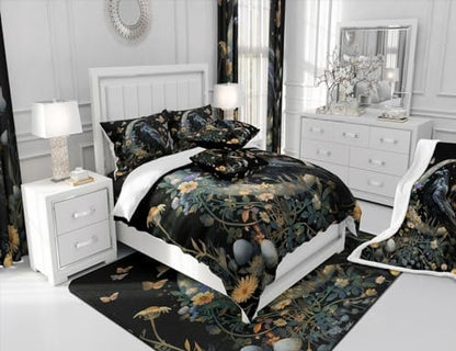 Black Crow Comforter Set Full Size,Moon Daisy Flower and Butterfly Bedding Set,Kids Girls Boys Teens Room Decor,Halloween Theme Animals Plants Quilt Set Boho Trippy Duvet Insert,2 Pillowcases
