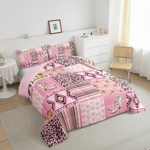 Feelyou Pink Aztec Bedding Set Queen Size, Kids Western Decor Comforter Set Wild West Cowboy Cowgirl Comforter Boho Style Duvet Insert Bed Set 3Pcs