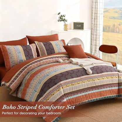Cottolester Boho Full Comforter Set,Red and Orange Striped Bed in a Bag