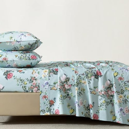 FADFAY Queen Size Sheet Set 4-Piece, 100% Cotton Mint Green Floral Bedding, Soft & Breathable Vintage Botanical Style, Deep Pocket Fitted Sheet, All-Season Cozy Bed Sheet Set
