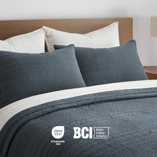 EVERGRACEHOME 100% Cotton Modern Lines Quilt Set King Size, Midnight Blue