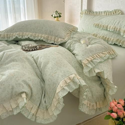 VM VOUGEMARKET Ruffle Duvet Cover Set Twin,Vintage Sage Green Floral Duvet Cover with Romantic Ruffles,Double-Layer Gauze Cotton Bedding Set,Comfy,Breathable & Lightweight for Teen Girls-68 x86