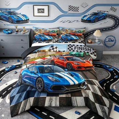 Feelyou Boys Race Car Bedding Set Soft for Boys Girls, Speed Sports Car Comforter Set Full Size Racing Extreme Sports Duvet Quilt Microfiber Automobile Bedroom Decor 3 Pcs with 2 Pillow Cases