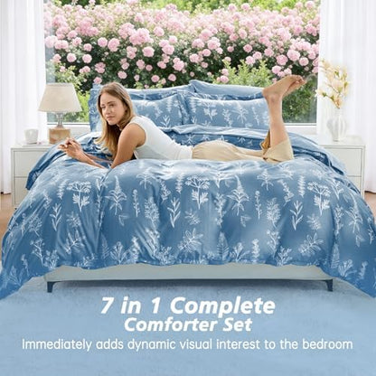 MUXHOMO Ice Blue Full Comforter Set, Elegant Floral Print Bed in a Bag 7 Pieces, Ultra Soft & Breathable Reversible Botanical Pattern Bedding Set with Comforter, Sheets, Pillowcases, and Shams