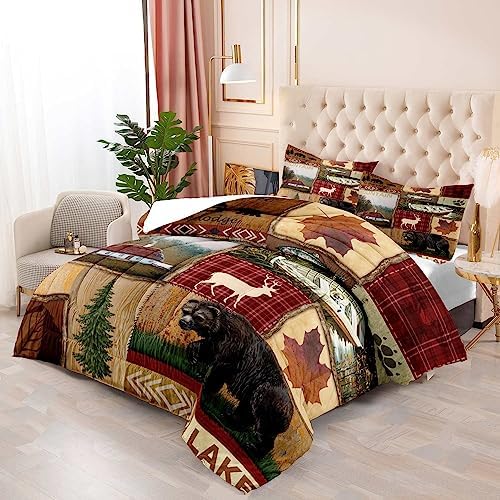 LUVIVIHOME 3PCS Cabin Comforter Set Queen Size, Bear Fish Deer Elk Moose Forest Animal Wildlife Hunting Fishing Red Buffalo Plaid Patchwork Quilt Country Lodge Rustic Farmhouse Bedding, 2 Pillow Shams