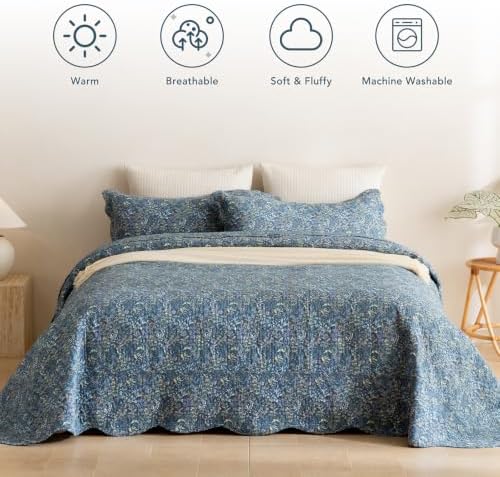 Lady Ann 100% Cotton Quilt Set,Oversized King Bedspread 120x120 for Extra Large Bed, Navy Blue Floral Botanical Pattern Printed Quilted Coverlet, 3 Pcs Vintage& Ultra Soft Bedding Set