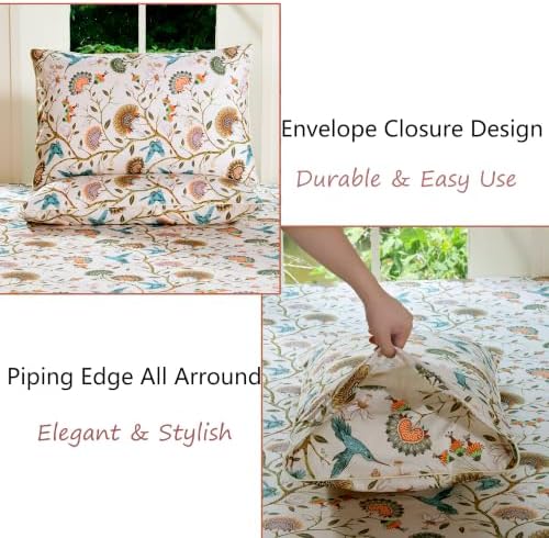 FADFAY King 100% Egyptian Cotton Sheets Set 4 Piece, Luxury Cottagecore Botanical Floral Bird Print Ultra Soft Cooling Bed Sheets Set, Breathable Deep Pocket Hotel Quality Bedding for Hot Sleepers