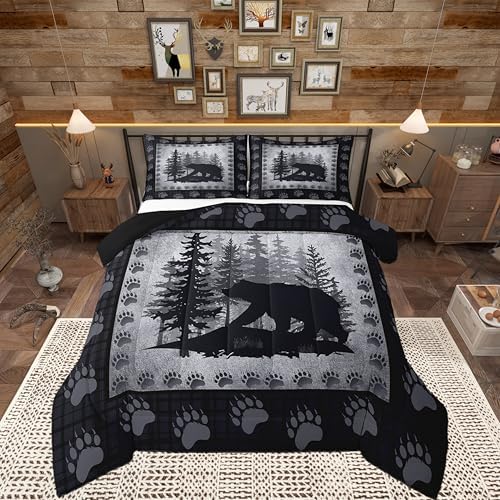 Castle Fairy Bear Print Full Size Kids Comforter Set,Wild Animal Bedding Comforters Pine Trees Retro Bedroom Collection,Rustic Farmhouse Grid Plaid Hunting Cabin Decor Bedding Set for Man Adult, Grey
