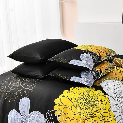 Black Yellow Comforter Set Full,Floral Bed in a Bag Comforter for All Season,7 Pieces(1 Comforter 1 Flat Sheet 1 Fitted Sheet 2 Pillowshams and 2 Pillowcases),Soft Microfiber Bedding Set 90" x78”