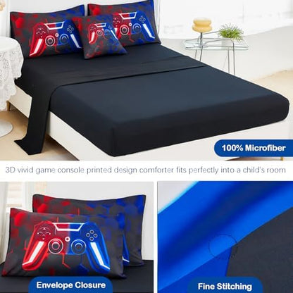 URBONUR Gamer Queen Comforter Set for Teen Boys 6-Piece Kids Bed-in-a-Bag