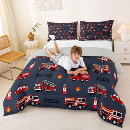 Feelyou Fire Truck Comforter Set King Size Emergency Fire Engine Bedding Set for Kids Boys Girls Firemen Car Vehicle Duvet Quilt Bedroom Decor Microfiber 3 Pcs with 2 Pillow Cases