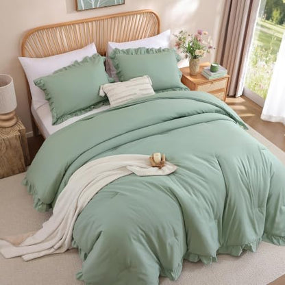JANZAA Sage Green Comforter Set California King, Ruffle Soft Bedding
