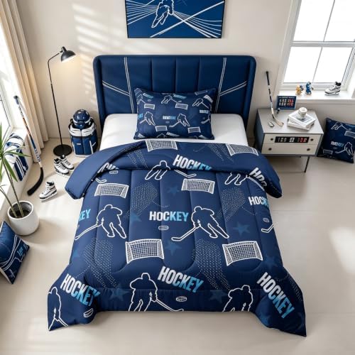 Ice Hockey Player Bedding Sets Toddler Size,Modern Minimalist Trendy Sport Comforter Set 2Pcs for Kids Girls Boys Room Decor,Navy Blue Quilted Duvet Athlete Silhouette Down Comforter,1 Pillowcase
