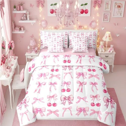 White Cherry Bow Queen Comforter Set with Sheets, Cute Silk Ribbon Bowknot 7 Piece Bedding Set Princess Bow Tie Bed in a Bag, Dreamy Kawaii Room Decor,Girly Light Pink Room Decor Aesthetic