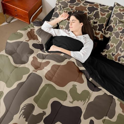 Erosebridal Rustic Camouflage Bedding Set King Chicken Camo Farmhouse Comforter Set 7 Piece Western Farm Animals Bed in A Bag for Adults Vintage Army Green Camo Rooster Quilt with Flat Fitted Sheet
