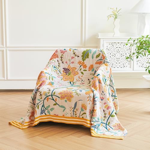 VANJOROY Boho Throw Blanket for Bed, 100% Organic Cotton Breathable Ultra Soft 60" x 80" Quilt Throw - All Season Floral Rustic Farmhouse Decor Luxury Reversible Blanket for Sofa Couch Chair and Gift