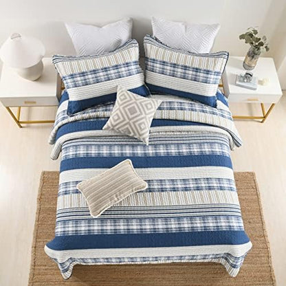 Homzard Queen Comforter Set - Blue White Tan Striped Queen Size Comforter Set,100% Cotton Plaid Quilts Queen Size Bedding Set, Farmhouse Bedspread Lightweight Bedding 3 Pieces All Season