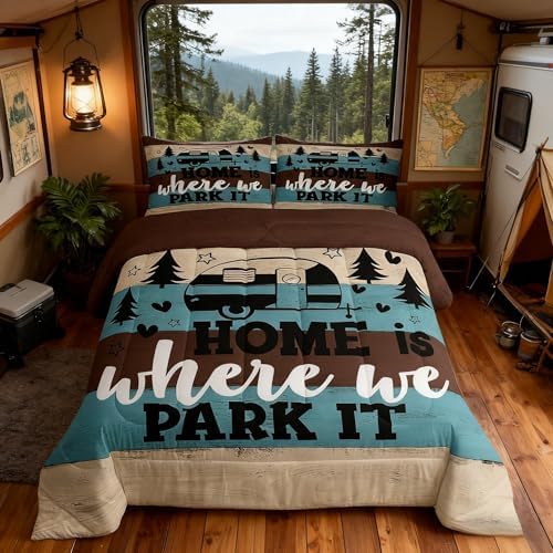 Manfei Rustic Adventure Camper Kids Comforter Set Full Size,Pine Tree Wooden Cabin Farmhouse Bedding Set,Girls Boys Room Decor,Lake House RV Quilt Comforter,Brown Retro Duvet Insert,2 Pillowcases